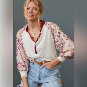 Tiny Anthropologie Tan Merlot Embroidered Sleeves Top Large
